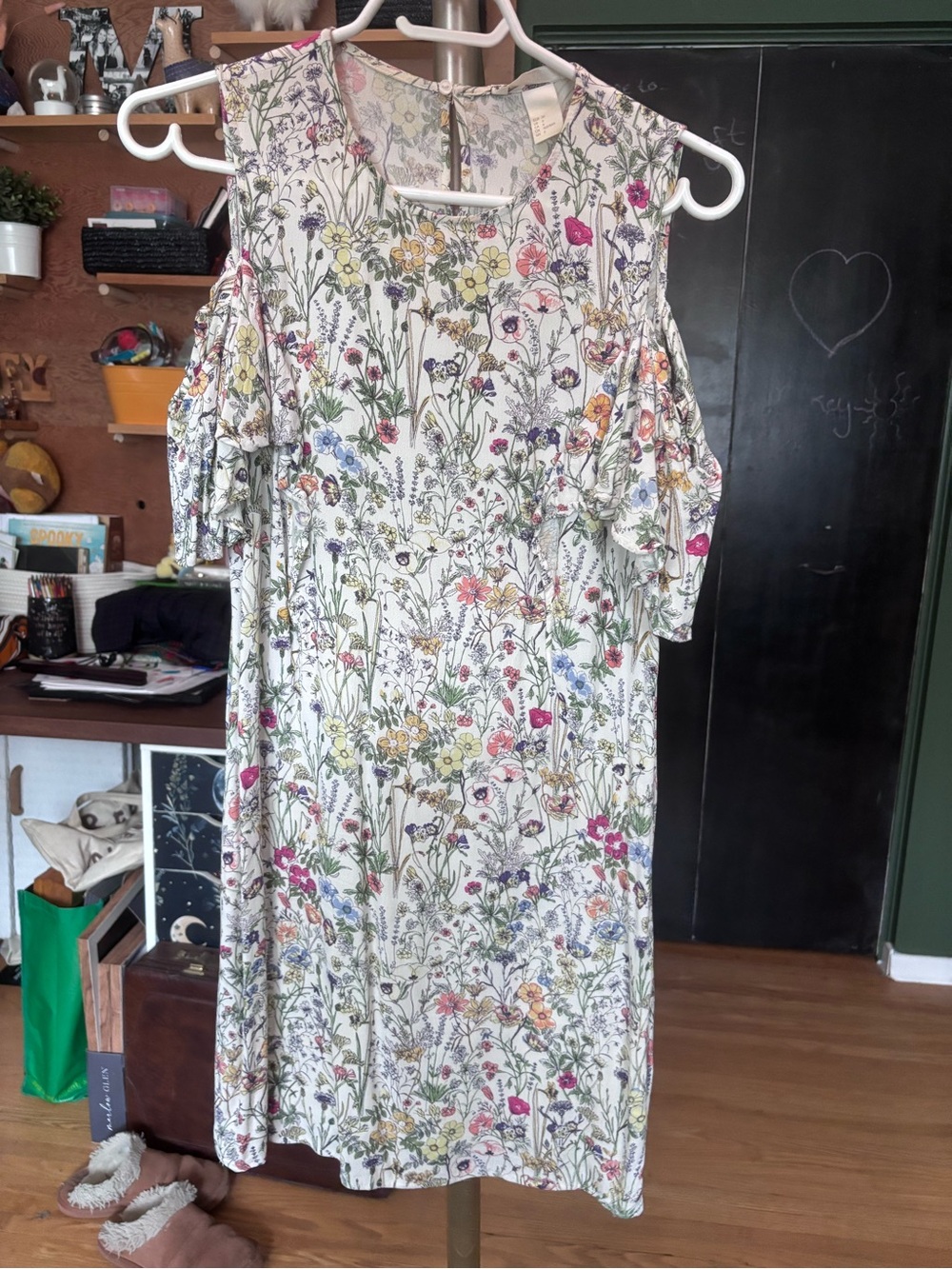 Floral Cold-Shoulder Mini Dress in White with Multi-Color Print
